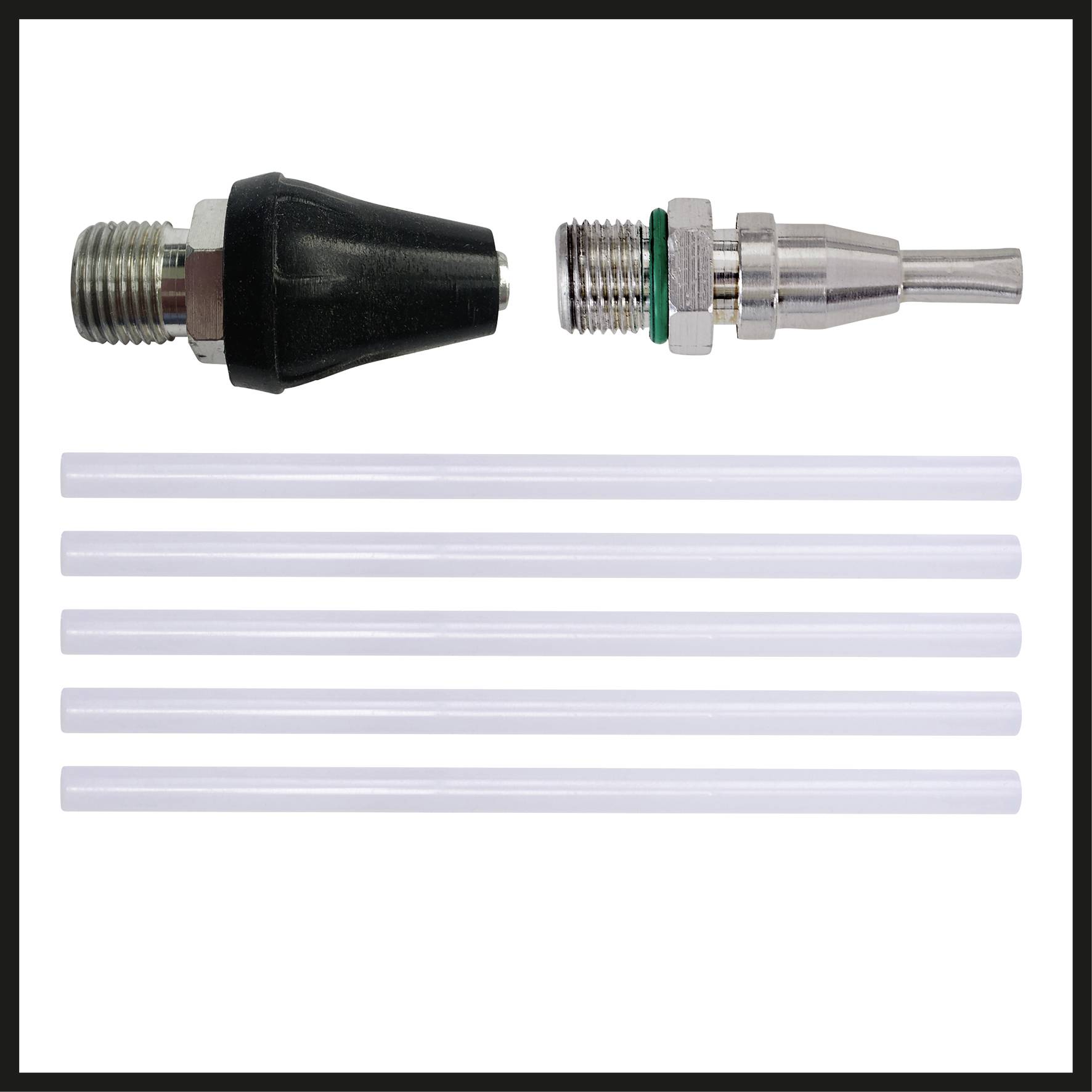 'Set comprising two jet nozzles and six transparent plastic tubes, suitable for cleaning or compressed air devices.'