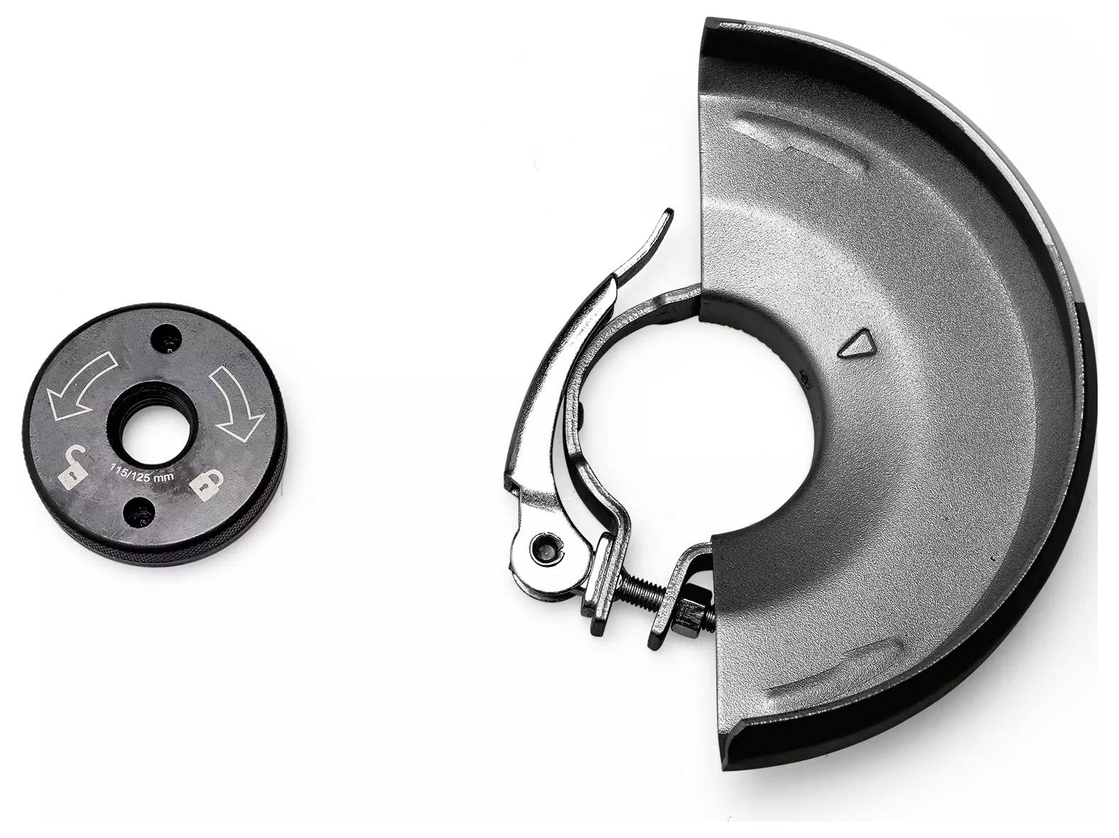 A circular metal angle grinder guard with a rotating nut for attachment shown in a disassembled state.