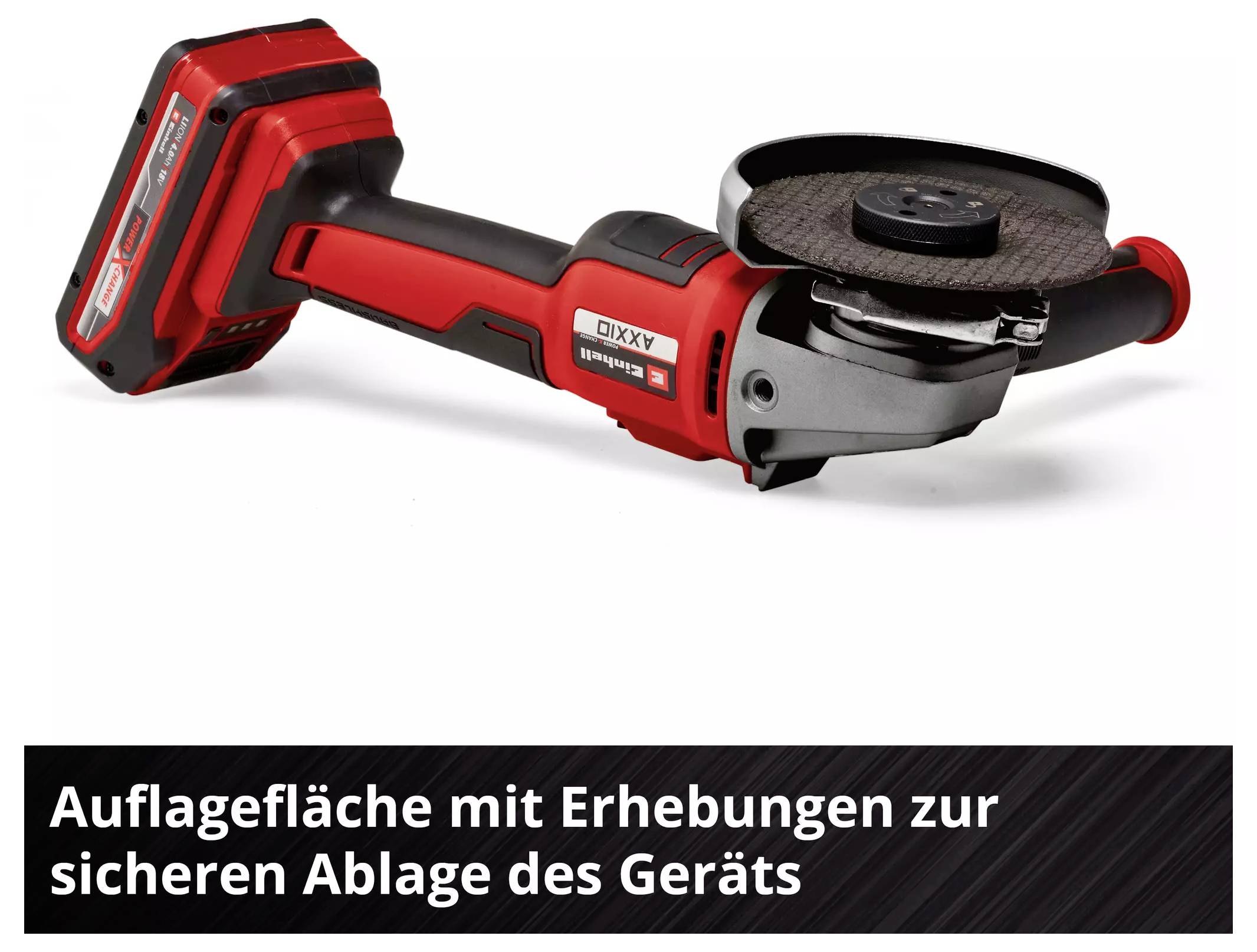 Battery-powered angle grinder in red with a black grinding head, text underneath: 'Resting surface with raised areas for secure placement of the device'.