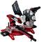 Red mitre saw with black handle on workbench. Used for precision cutting of wood and other materials.