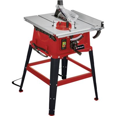 A red table circular saw with a black stand. A adjustable saw blade is mounted on the table. Switches and safety cover are visible.