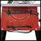 Red table saw with a folded black cable holder at the front. A spare saw blade is attached to the side.