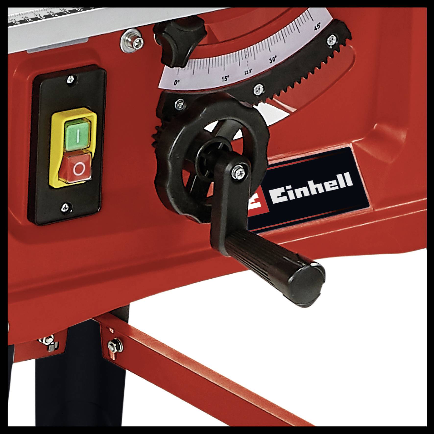 'Red machine with black handle and control panel with green and red button, with the inscription Einhell underneath.'