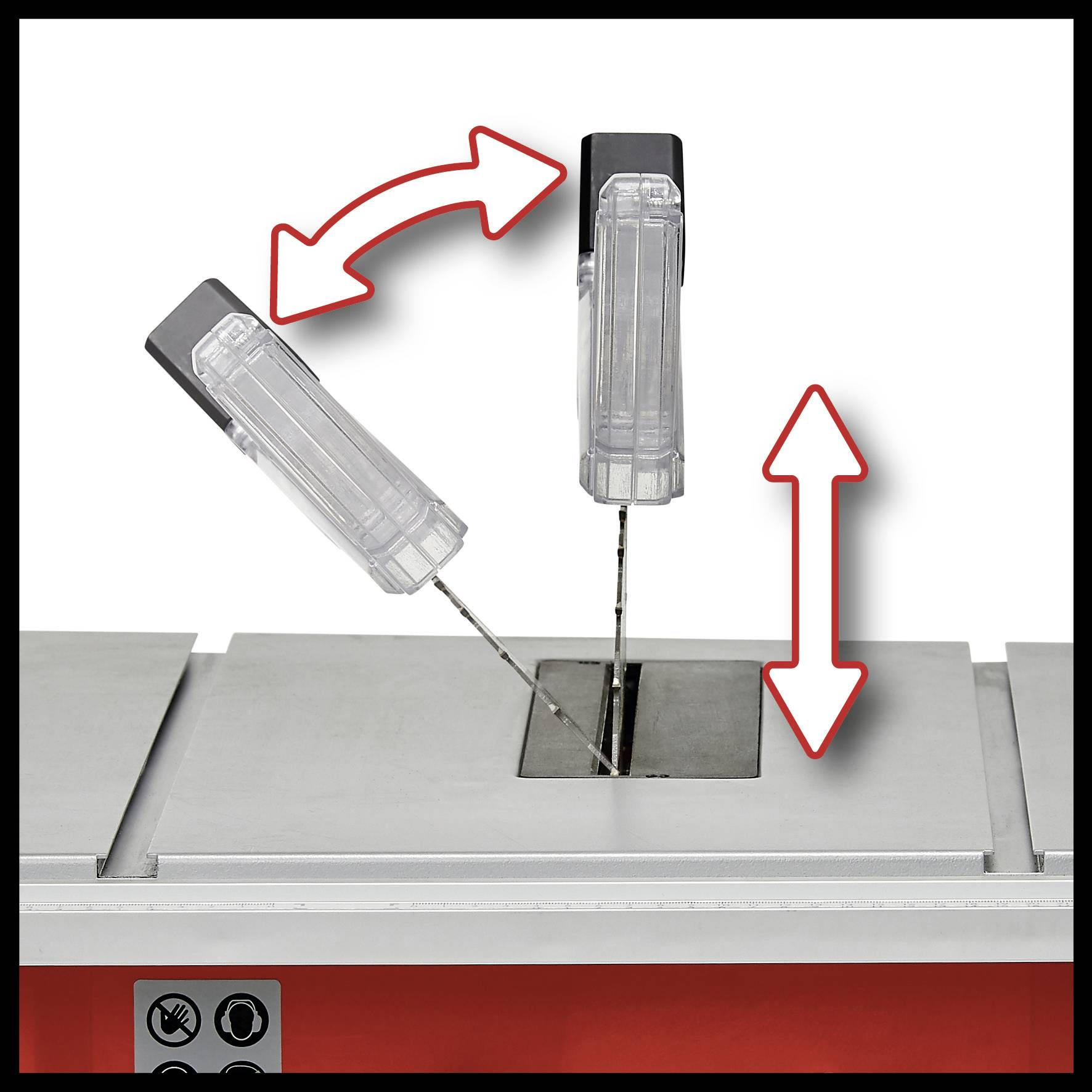 'Image of a circular saw with a movable guard cover. Arrows show the movement of the cover to ensure safety during cutting.'