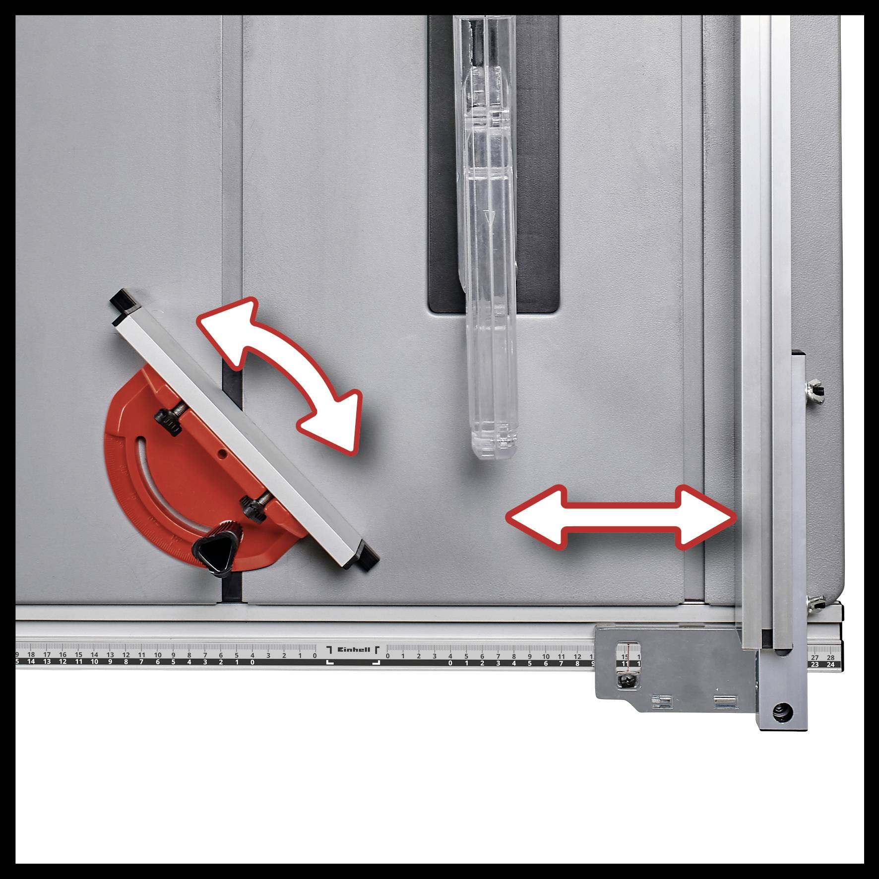 A silver device with a red rotary knob and arrows indicating a sliding movement left and right.