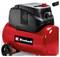 Red Einhell portable air compressor with black motor housing, pressure gauge, and wheels on a white background.