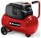 Red Einhell air compressor with black motor housing, handle, wheels, and pressure tank on a white background.