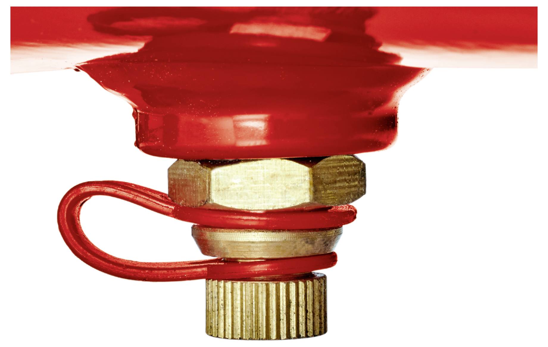 Close-up of a red fire extinguisher valve with safety pin and brass fitting on a white background.