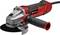 A red and black angle grinder with an ergonomic handle and protective cover, suitable for cutting and grinding materials.