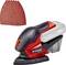 'A red and black handheld power sander with a dust collection box, accompanied by several triangular sandpaper sheets.'