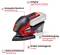 A red and black Einhell orbital sander with soft grip, dust extraction, compact design, delta sanding shoe and large oscillating motion.