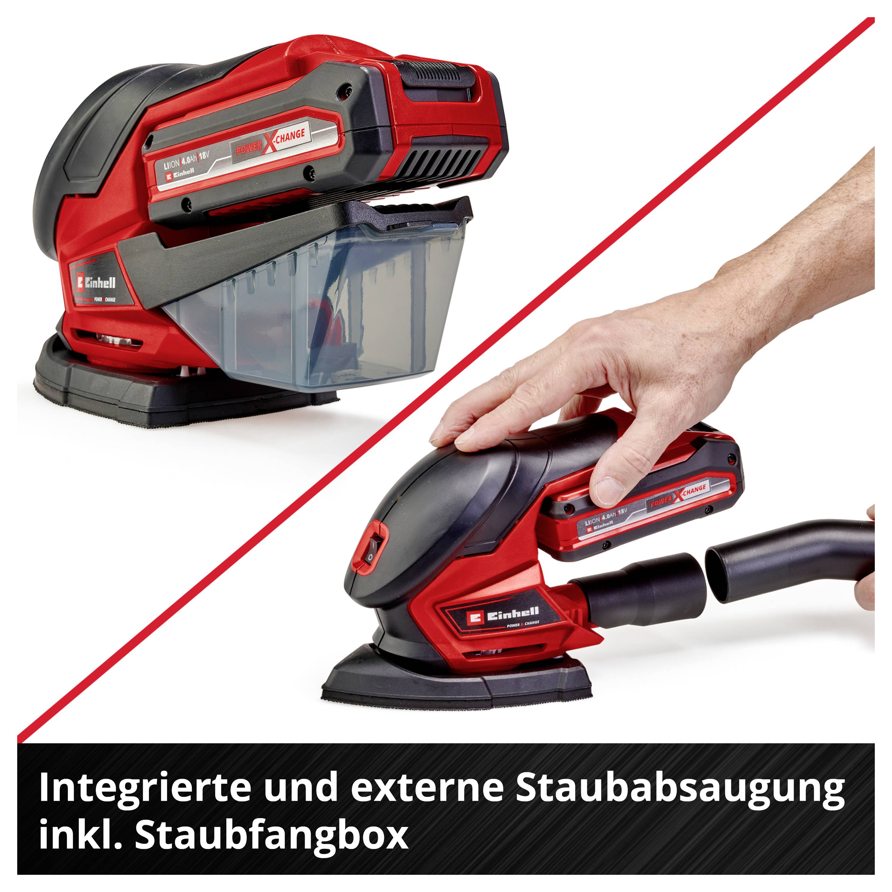 The image shows a red handheld vacuum cleaner with a dust collection box. A hand is operating the device. Text: 'Integrated and external dust extraction including dust collection box'.