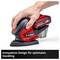 A hand is holding a red electric sander by Einhell. Text on the image: 'Compact design for optimal handling'.