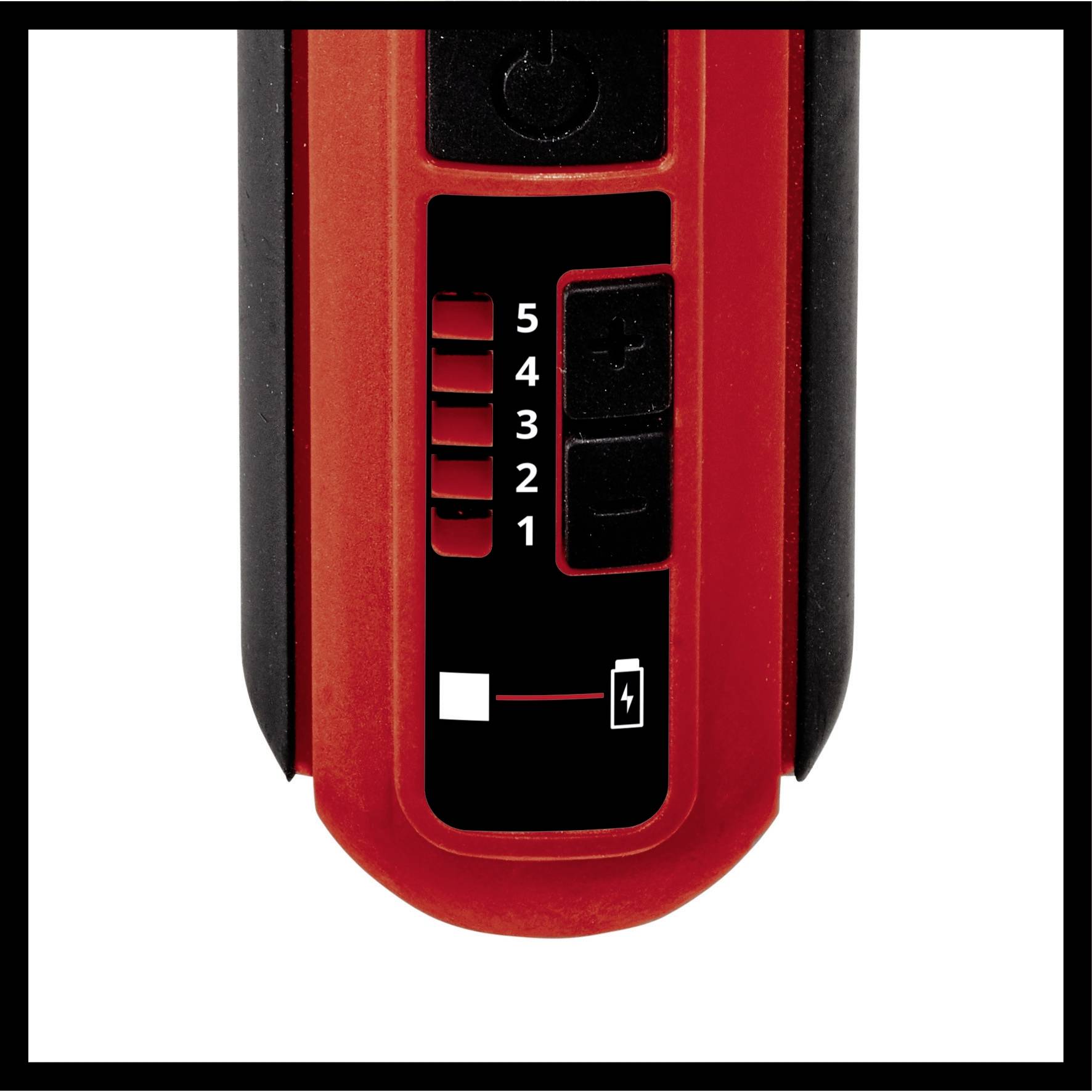 Illustration of a battery compartment with five charge status indicators and a battery symbol, partially charged.