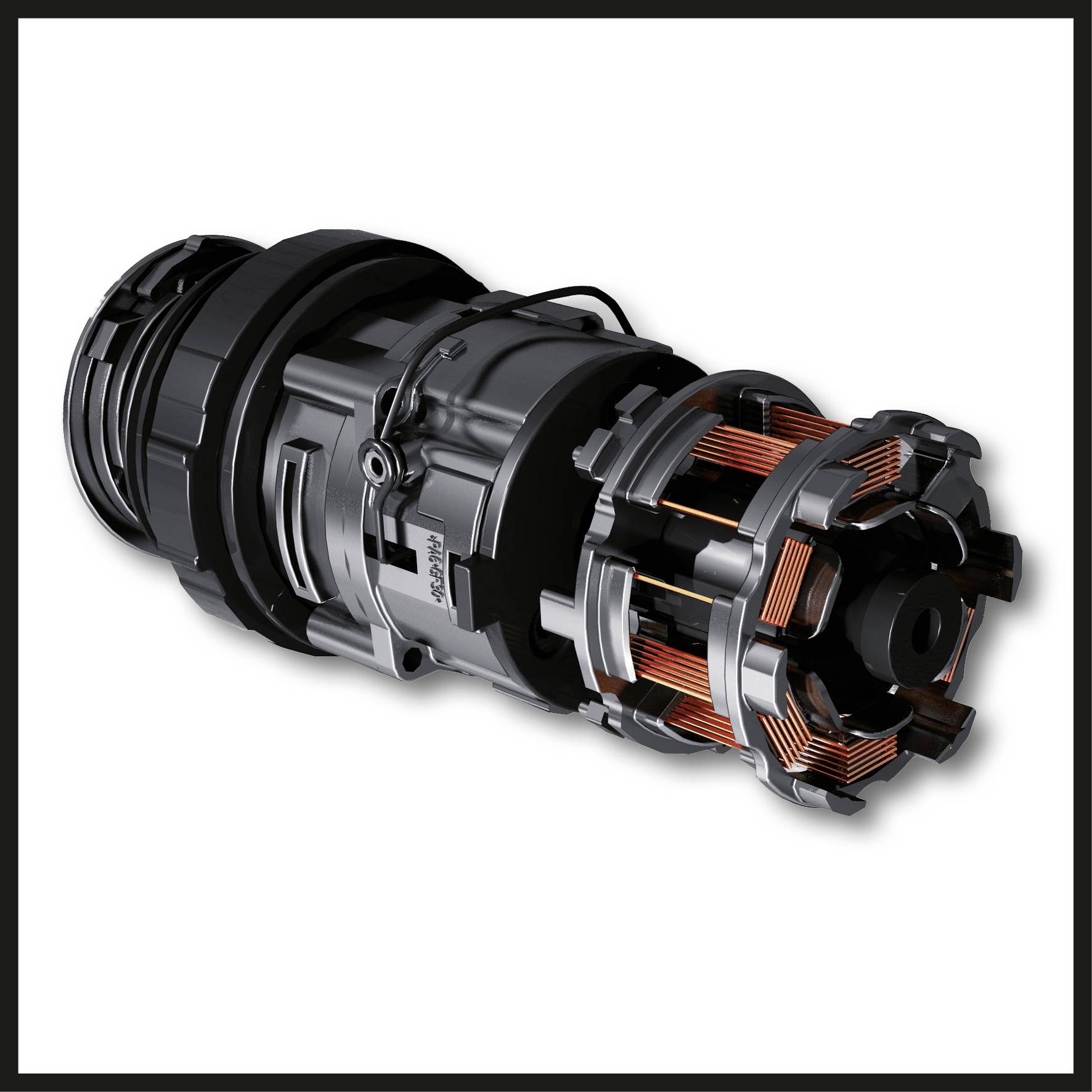 Industrial electric motor in close-up, showing coils and mechanical details for technical applications.