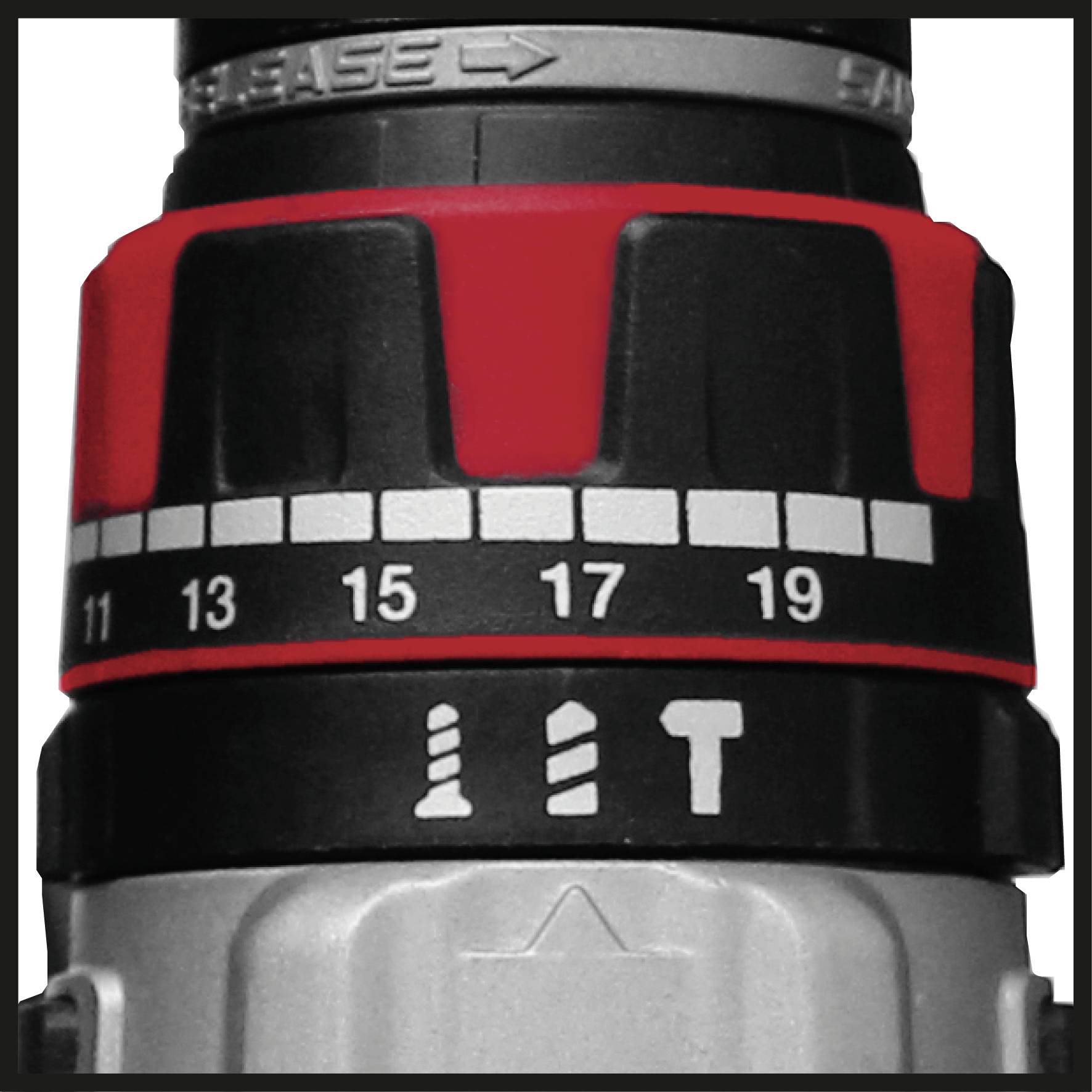 'Close-up of a torque ring with markings from 11 to 19 for adjusting the torque on a cordless drill.'
