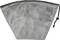 Grey, washable cloth coffee filter in the shape of a classic coffee filter with a drawstring on the side.