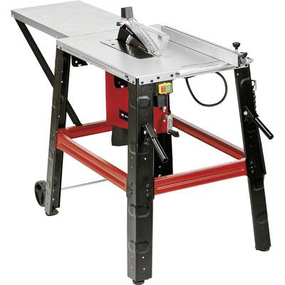 A red and black table circular saw on a sturdy metal frame with a lowered saw blade and a sliding switch.