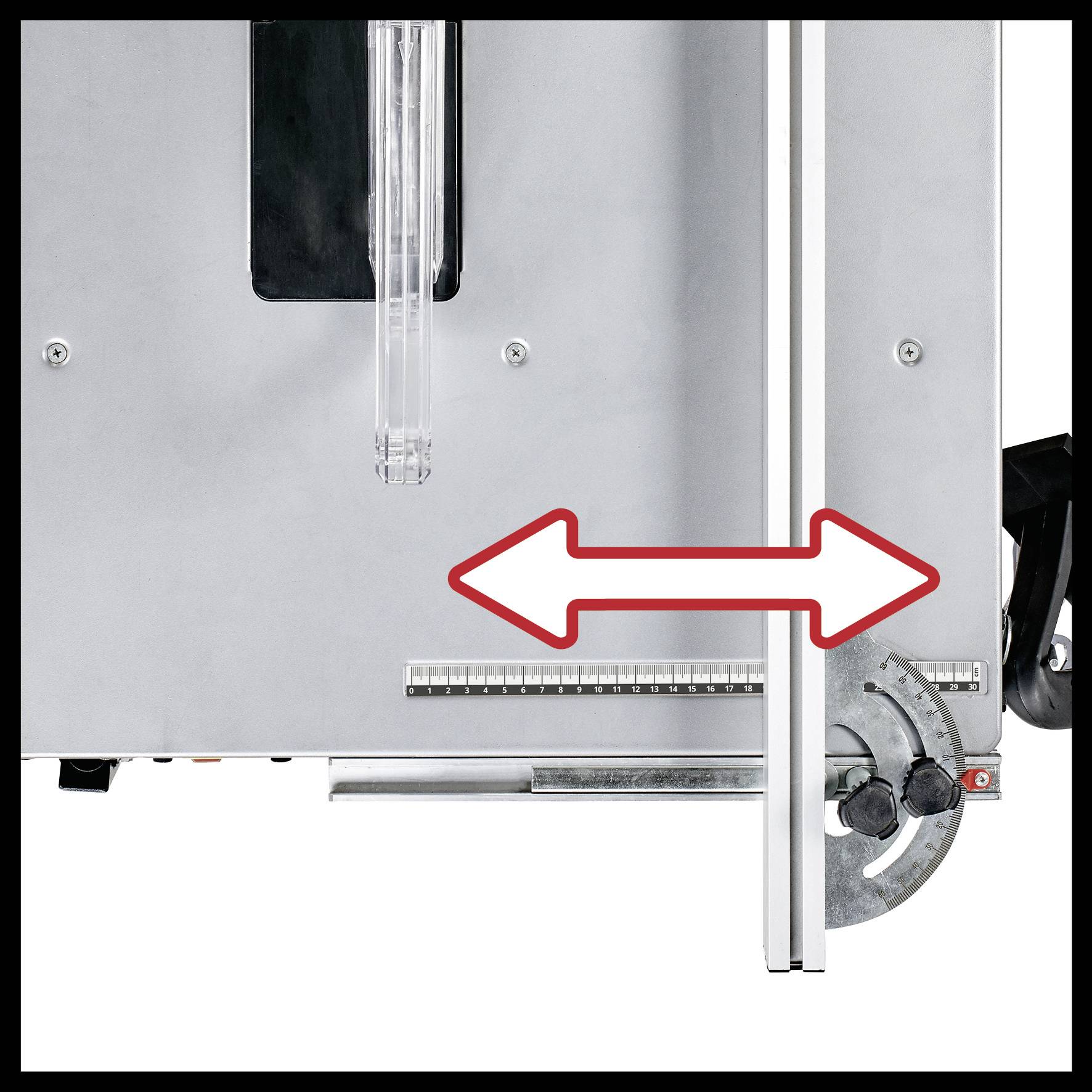 An arrow points to a movable slider on a machine component to demonstrate its function or adjustability.