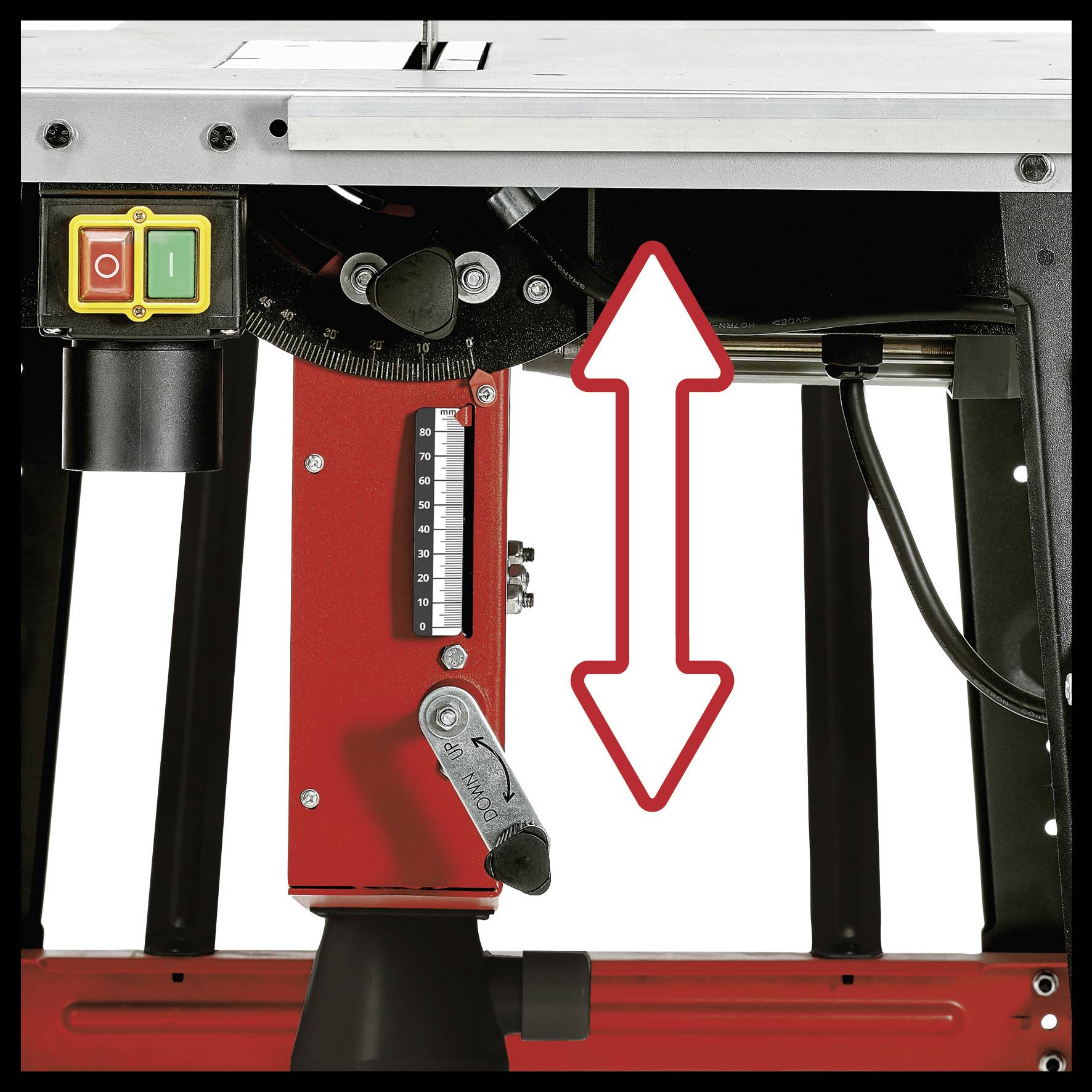 Table circular saw with measuring scale, height adjustment and on/off switch in red and green.