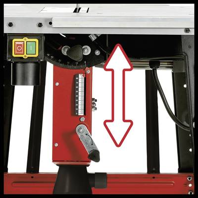 Table circular saw with measuring scale, height adjustment and on/off switch in red and green.