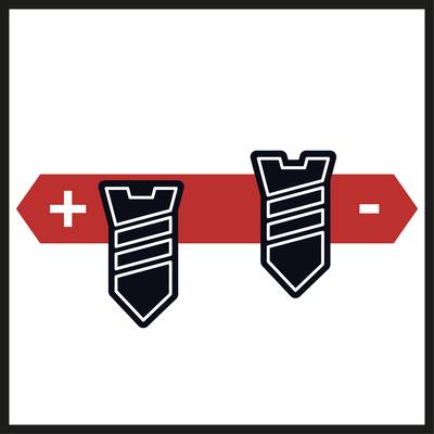 'New Supes' Arrow Tip Design: Red horizontal bar with white plus and minus signs, with two striped arrowheads above.