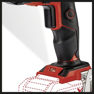 A red and black cordless drill without a battery. The battery slot is marked in red and indicates where the missing battery would be connected.