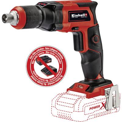 Cordless drill/driver without battery or charger by Einhell. Illustration with advisory text in multiple languages indicating battery not included.