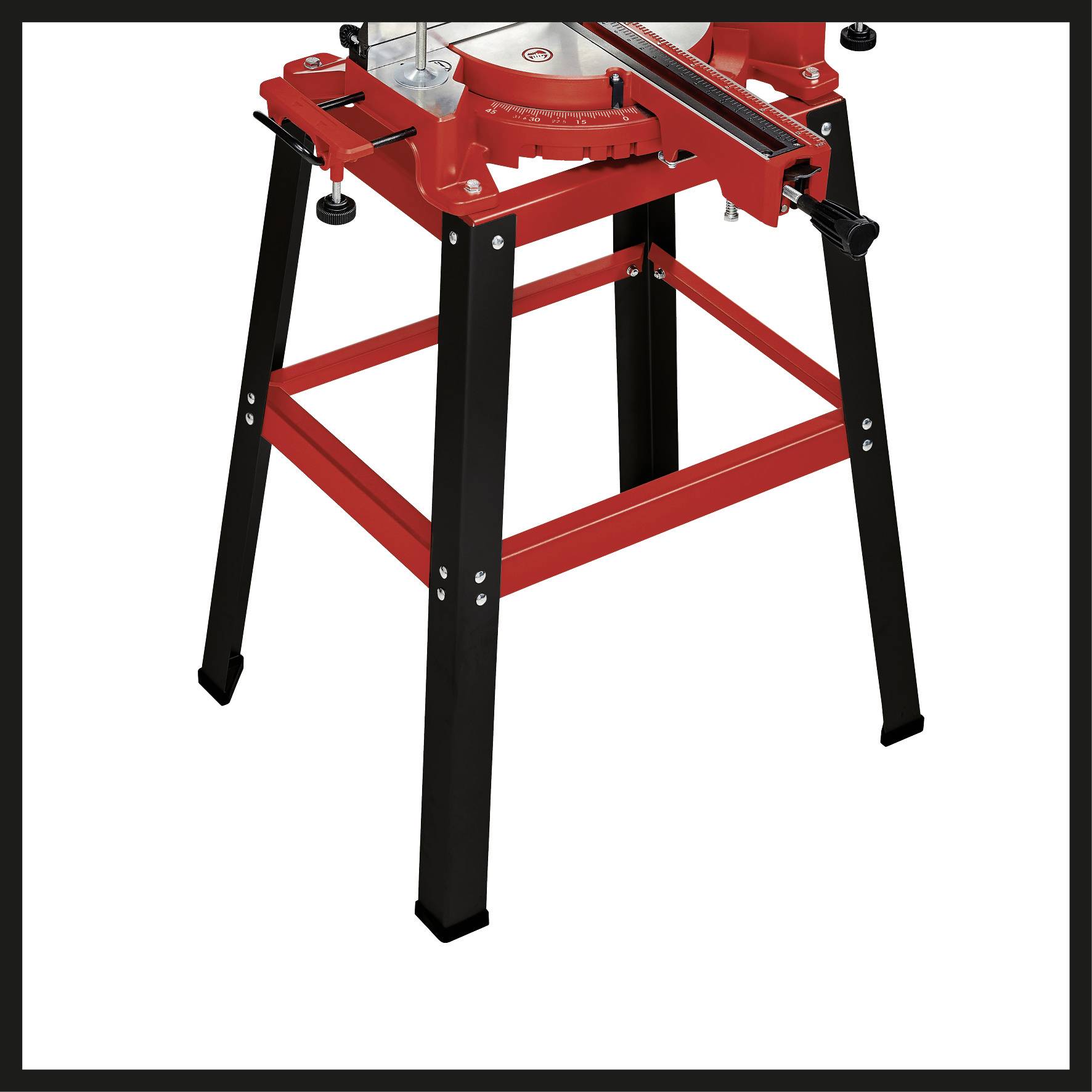 Red and black stand with a metal frame for a tool or device, suitable for providing stable support during work.