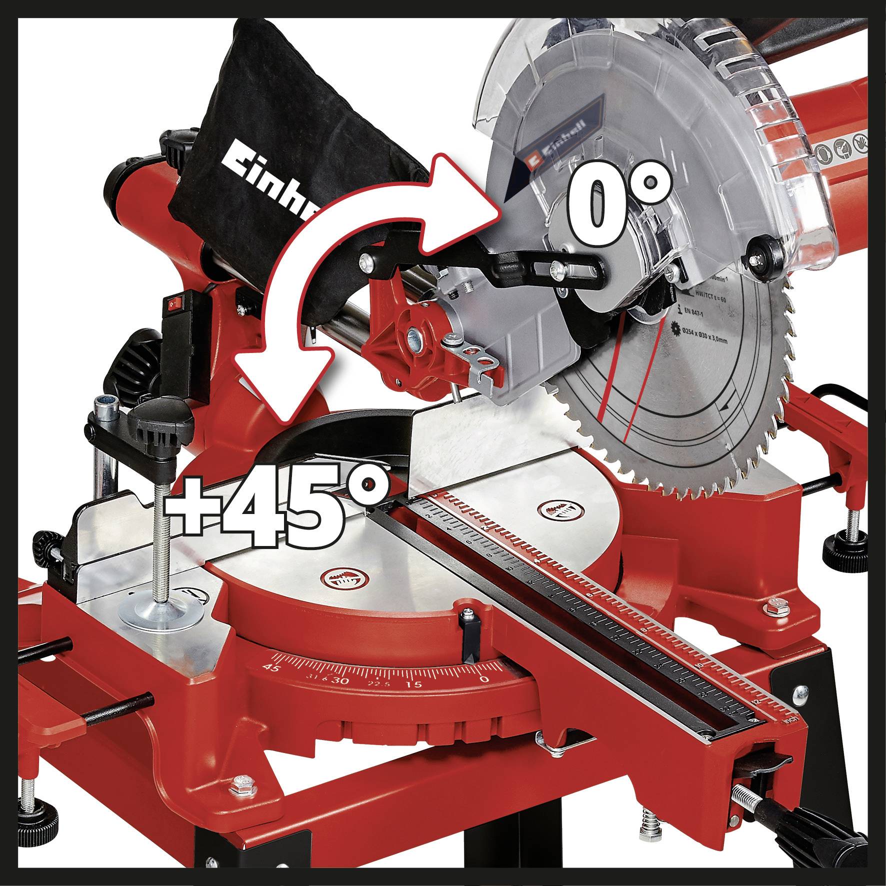 The image shows a red and black mitre saw with an angle adjustment from 0° to +45°.