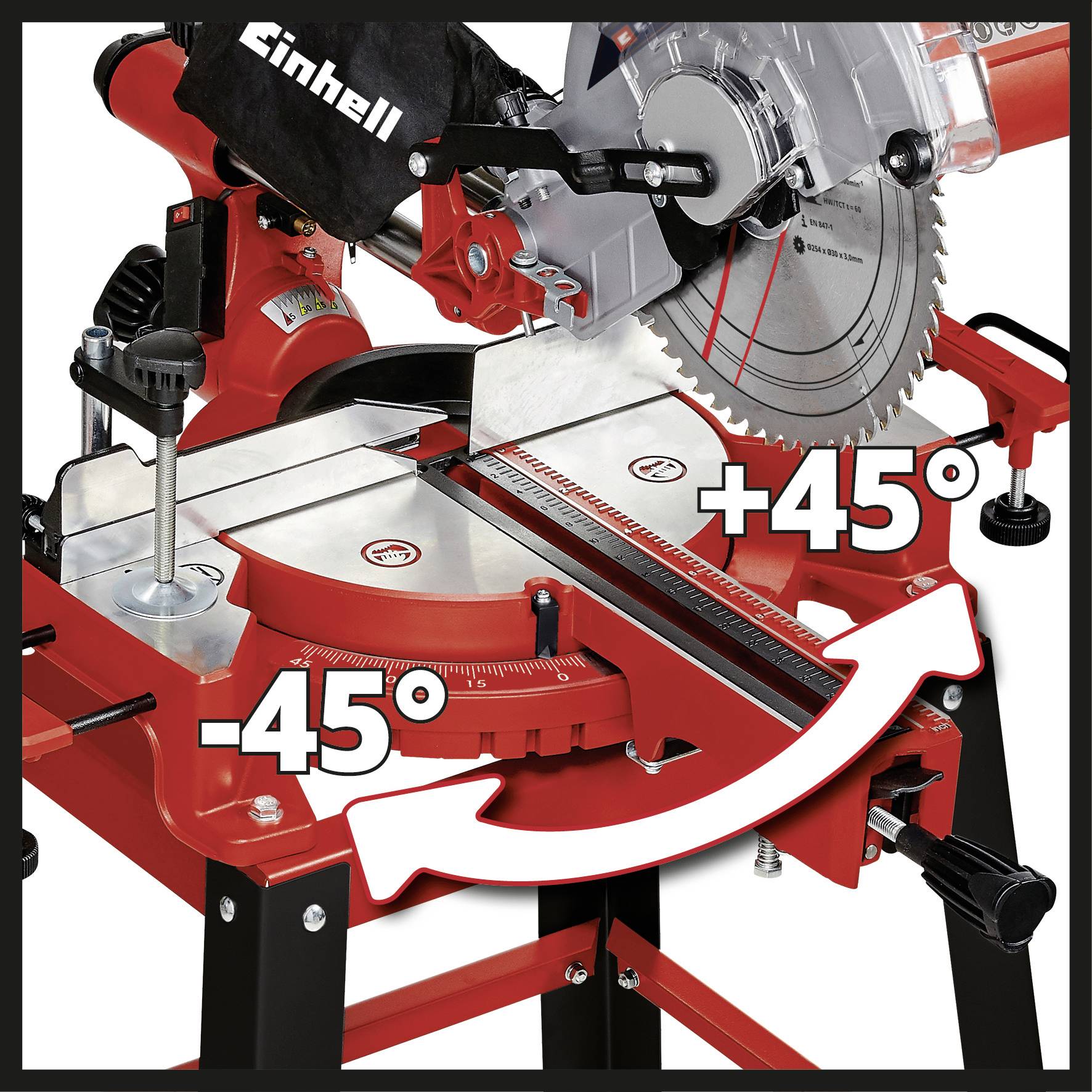 Circular saw with angle function displays adjustment options between -45° and +45°. Saw blade visible within protective housing.