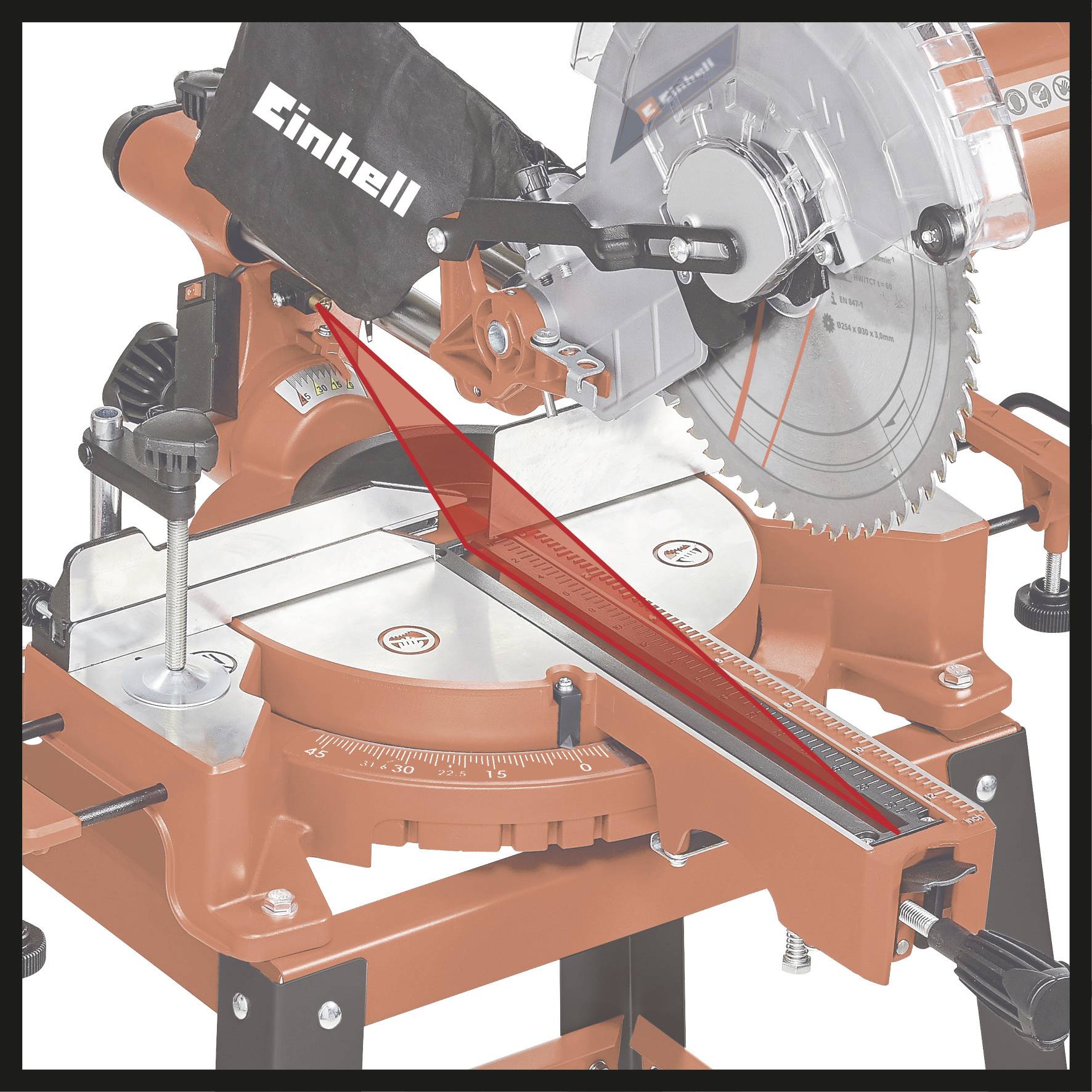 Image of a table circular saw with a red laser for precise cutting guidance.