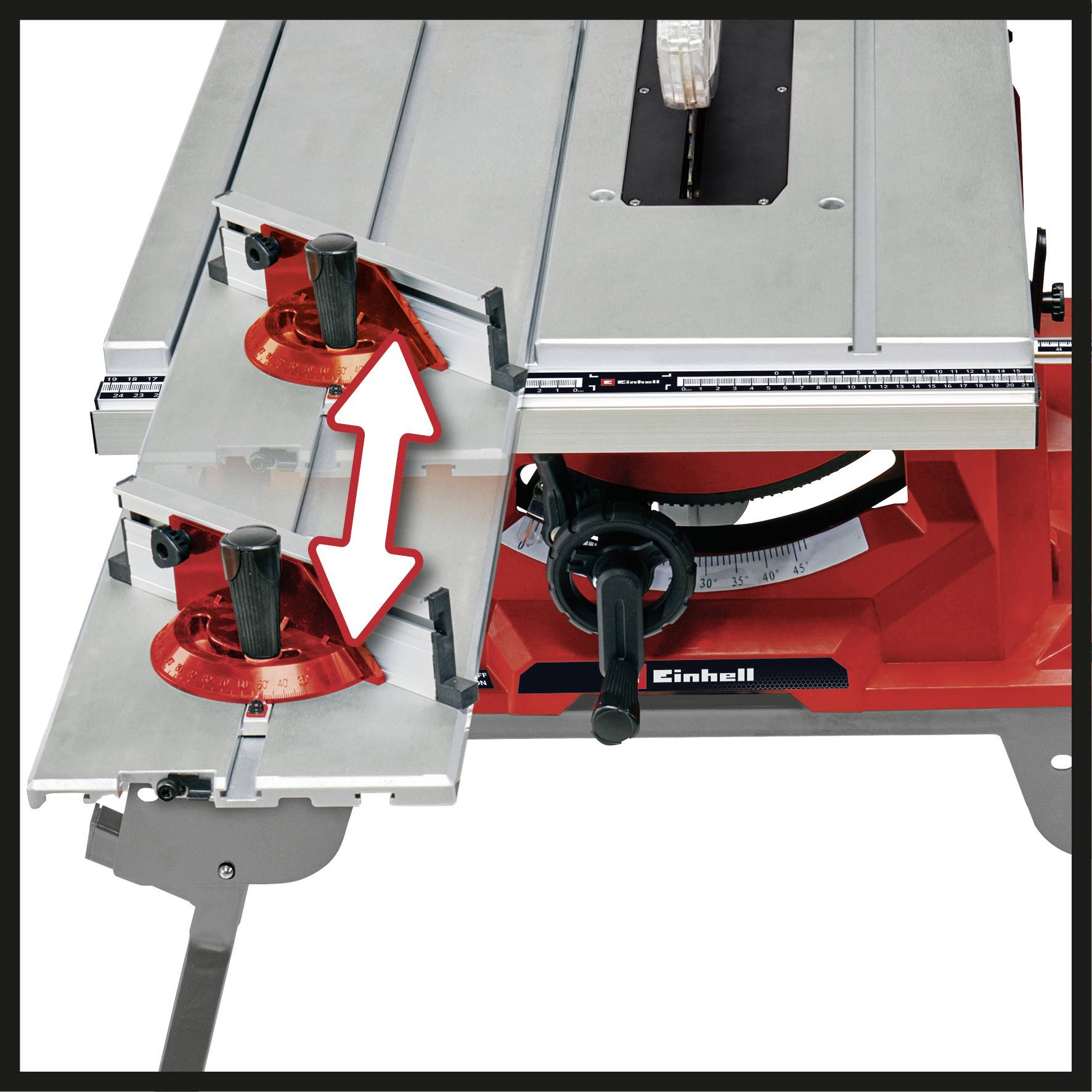 'Einhell' table saw with sliding rails for precise wood cutting; adjustable with red knobs and a measurement scale for accuracy.