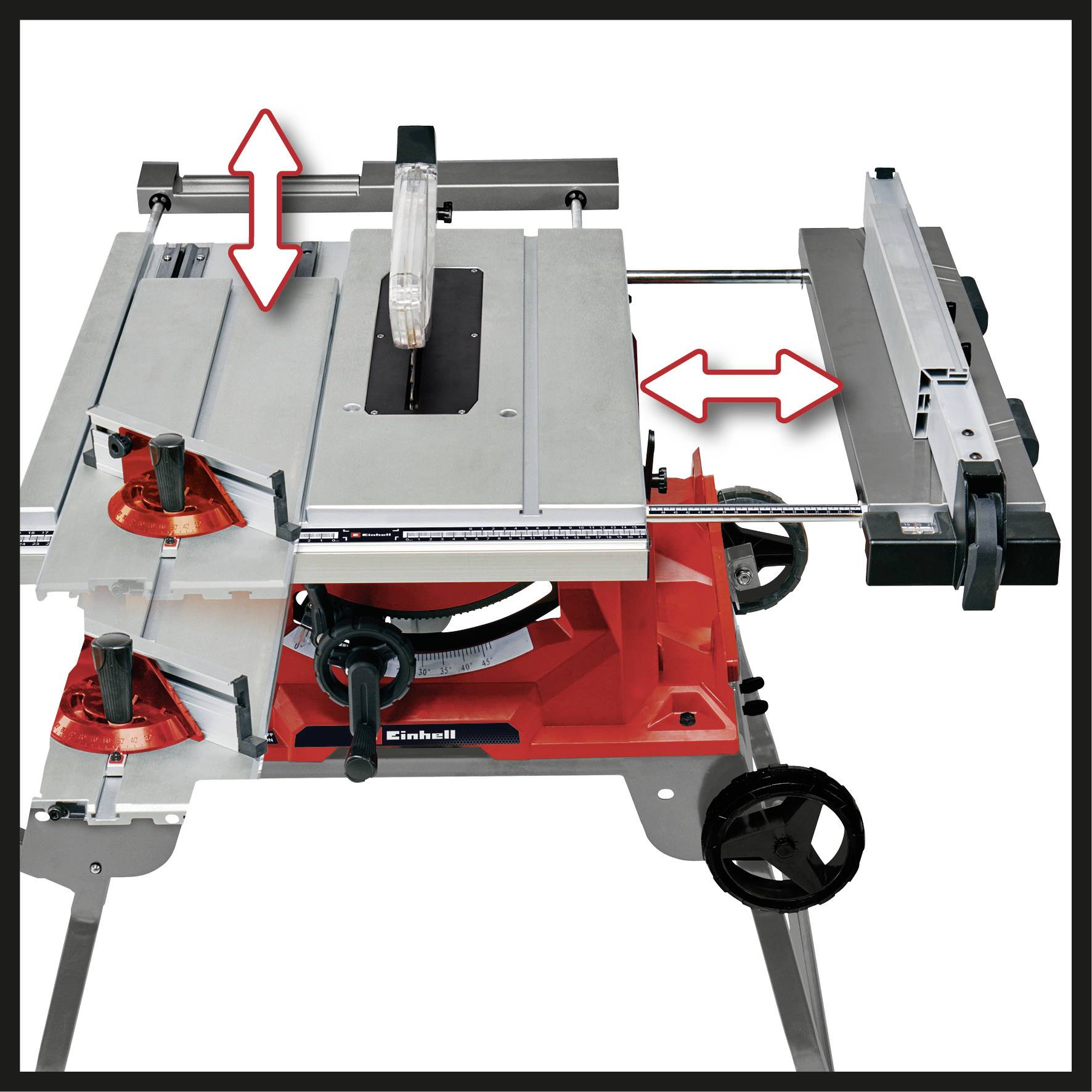 A table saw with arrows indicating adjustable components for cutting width and height, enhancing precision and flexibility in woodworking tasks.