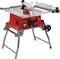 A red table saw with a large circular blade, mounted on a metal stand, designed for woodworking and precise cutting tasks.
