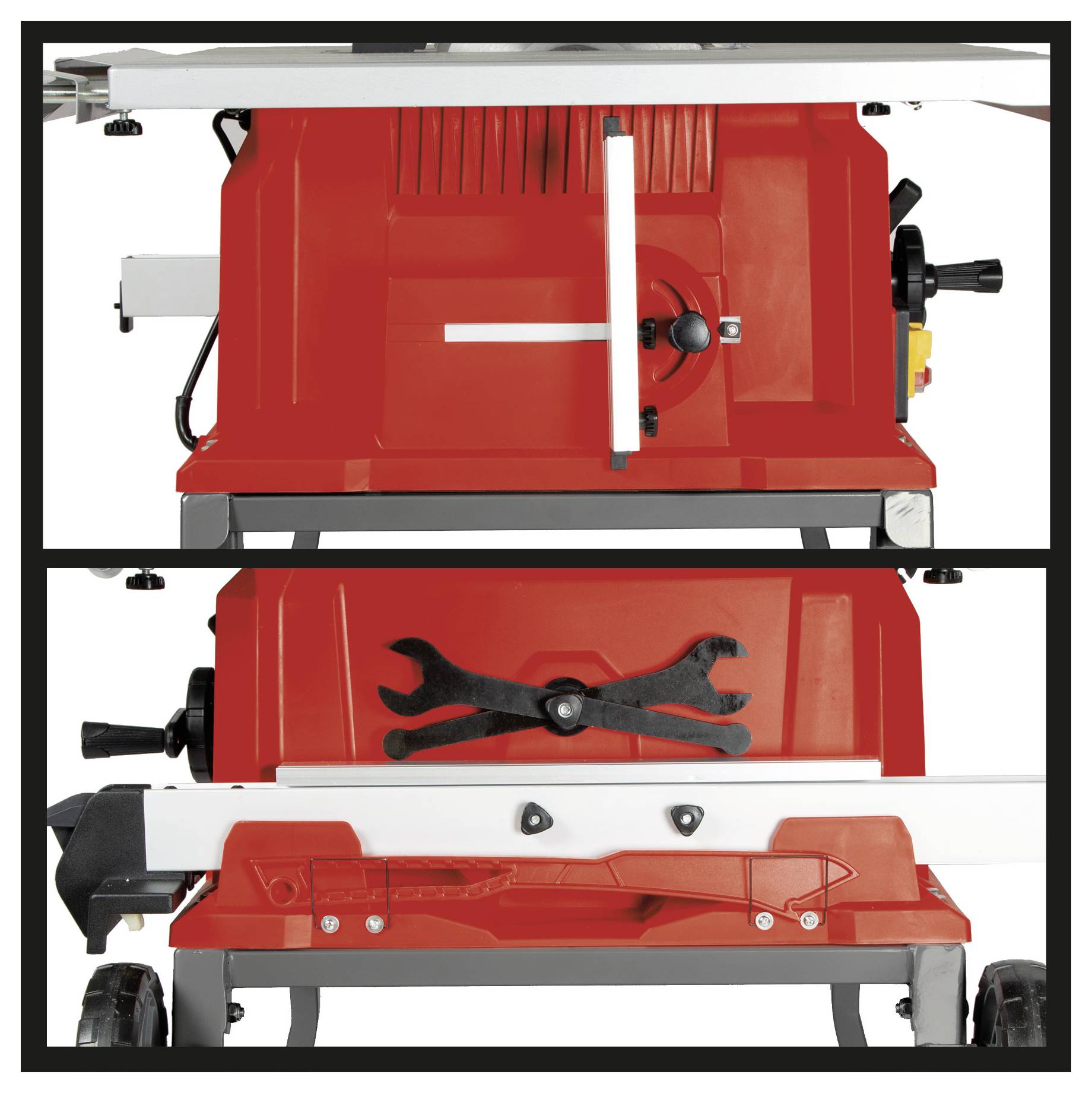 A red industrial machine with a handle and controls on top, compartment below holding two black wrenches, placed on a stand.