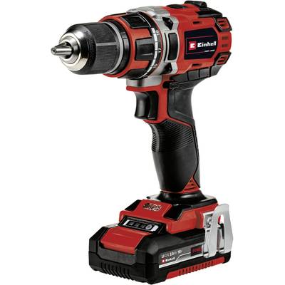 A red battery-powered drill driver by Einhell with a black handle and silver accents. Standing upright with battery installed.