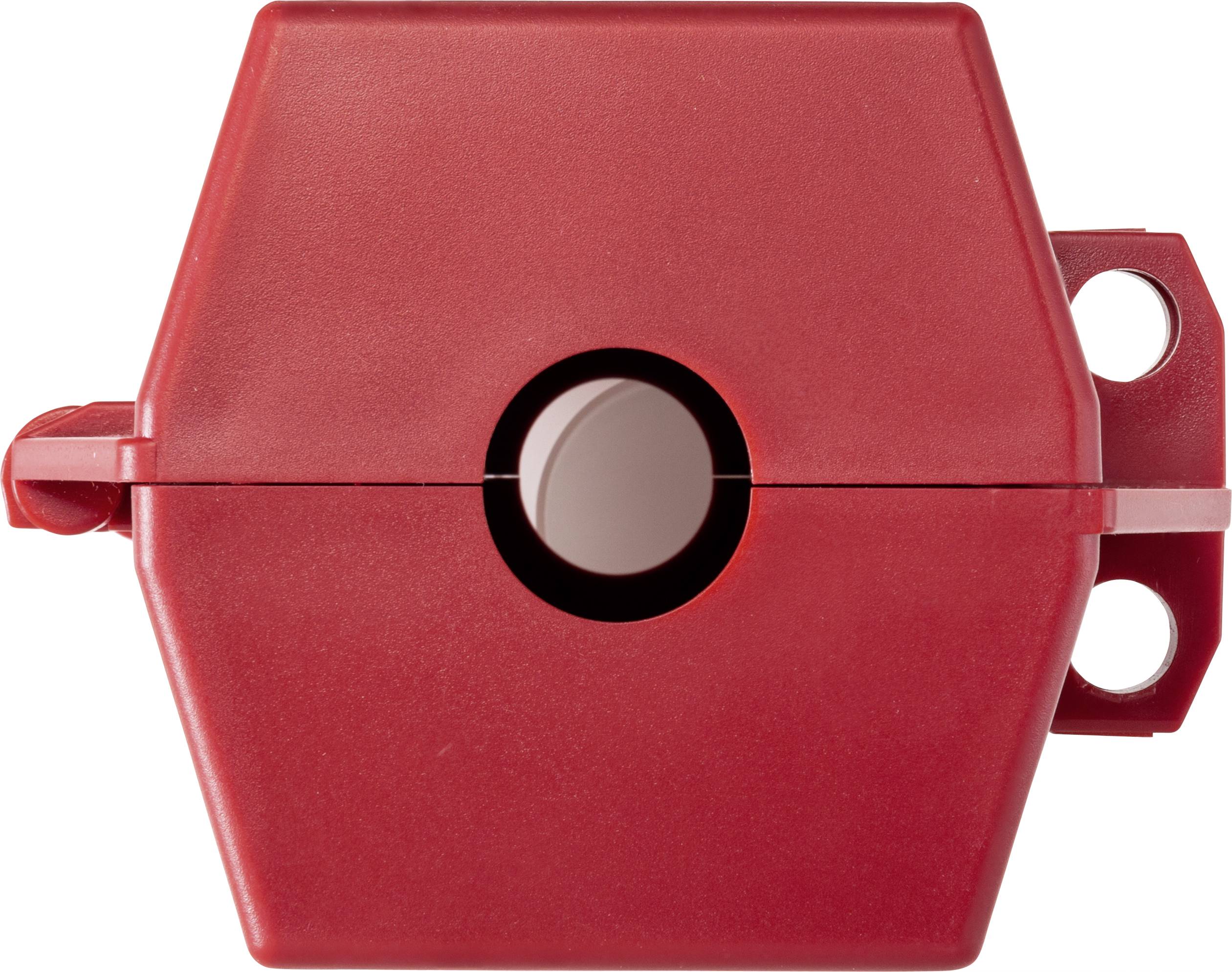 Red hexagonal locking mechanism for safety equipment with central button for locking or unlocking.