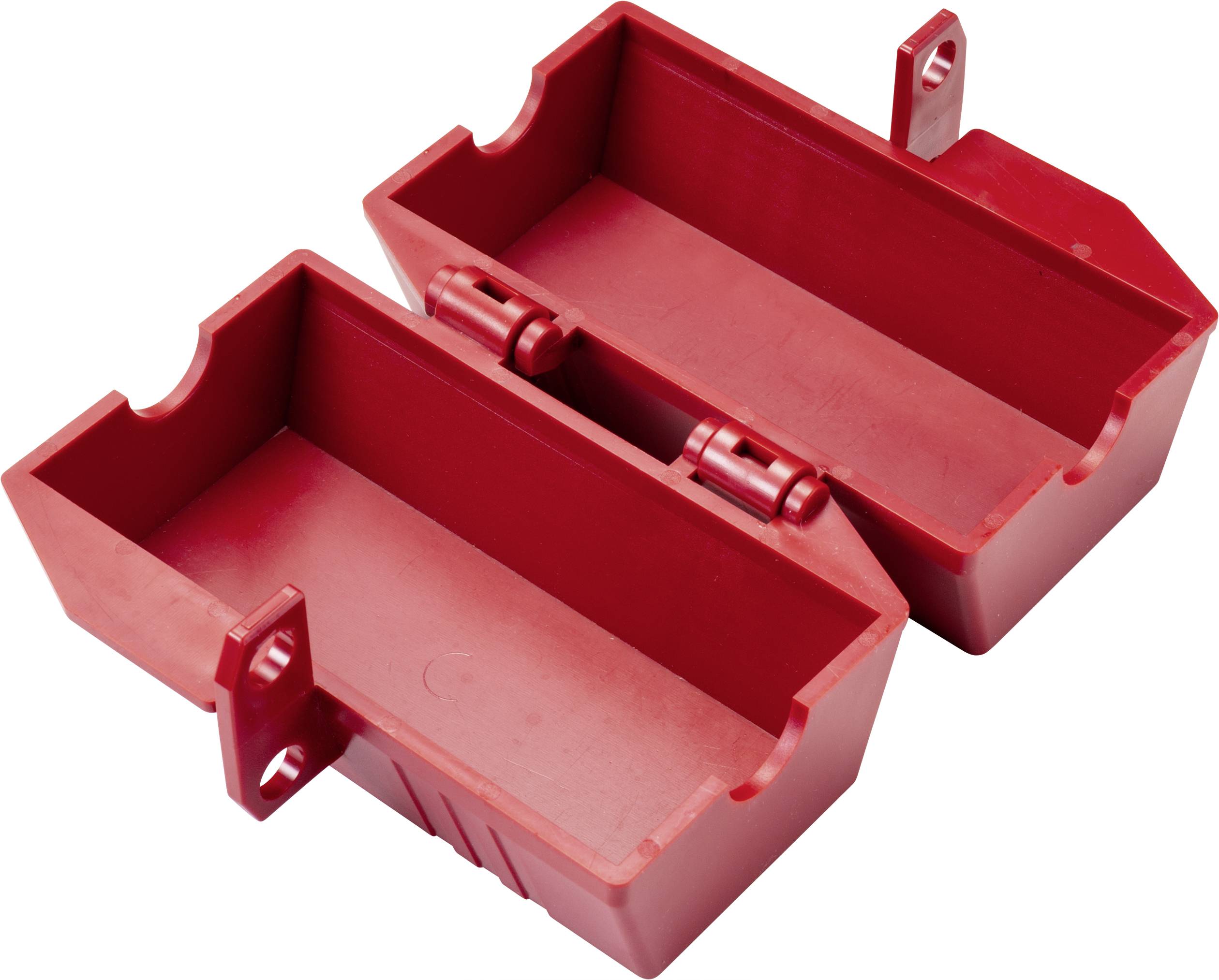 Two red plastic boxes with hinges, opened, show their interior. Mounting elements for attachment to a surface are visible.