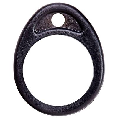 Black plastic ring with a hole at the top, often used as a key ring or label holder.