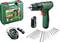 Cordless drill set with green Bosch drill bit, charger, battery and drill attachments in green case. Ideal for DIY projects.
