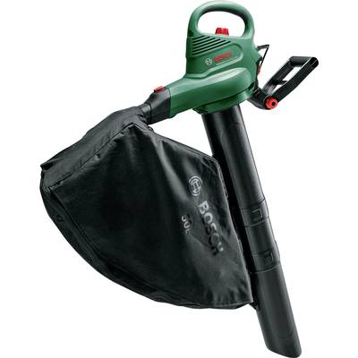 A green leaf blower with a black collection bag, Bosch brand. Suitable for keeping gardens and pathways clean.