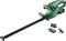 Battery-powered electric hedge trimmer in green with long blade, red grip detail and charger. Suitable for hedge maintenance.