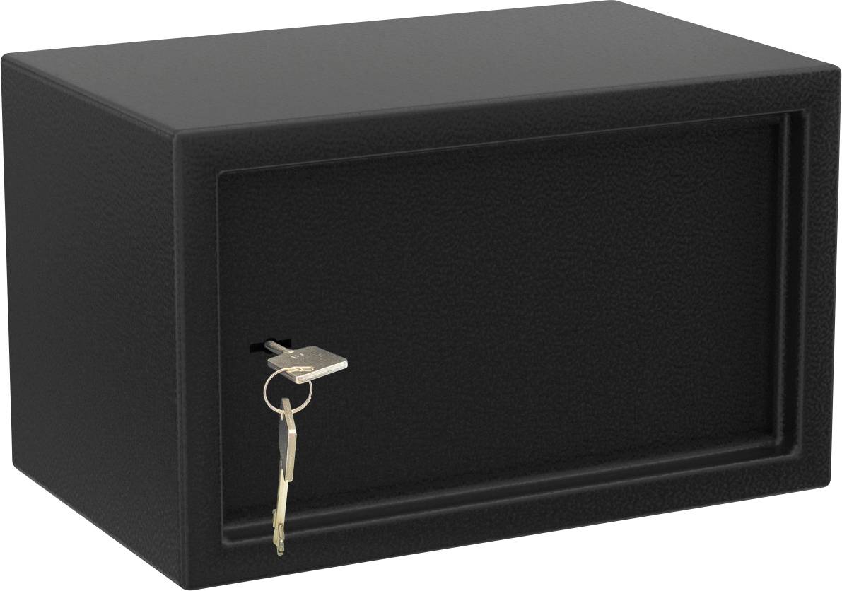 Black safe with a key in the lock, indicating that the safe is locked. The key is hanging on a small ring.