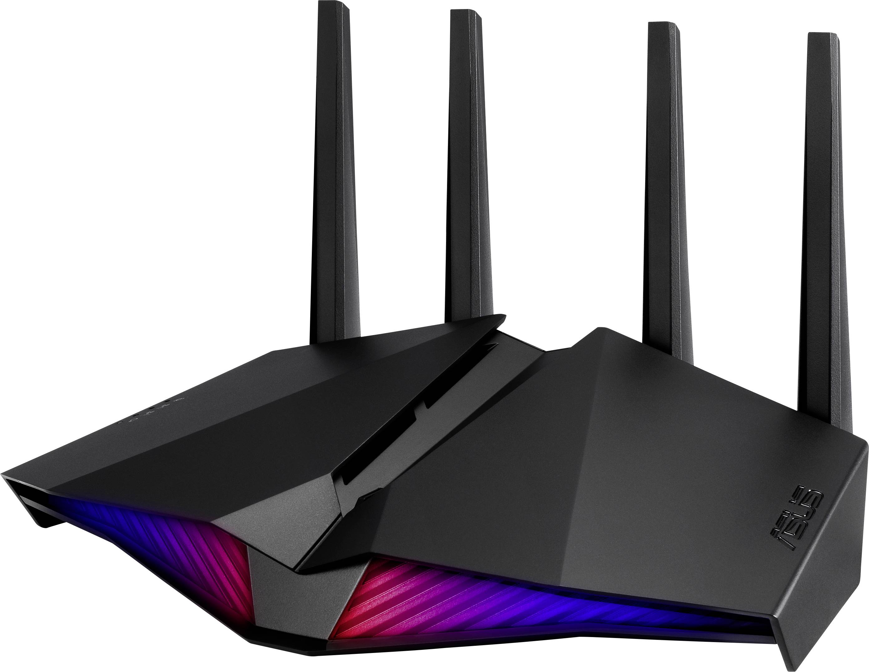 Black Wi-Fi router with four aerials, illuminating red and blue LEDs, modern design.