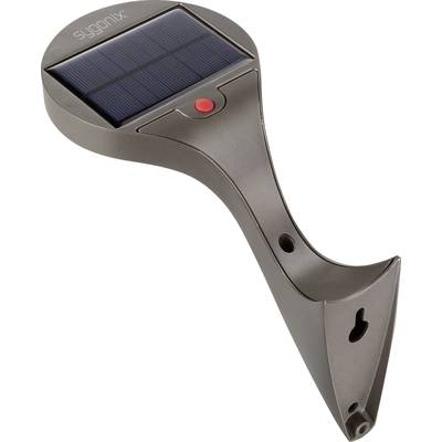 A grey wall light with integrated solar module and red button, suitable for mounting on exterior walls.
