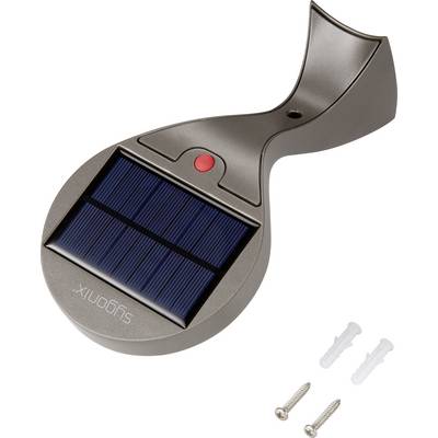 Solar lamp with a dark grey housing and solar panel on top. Contains a red button. Two screws and wall plugs are placed beside it.
