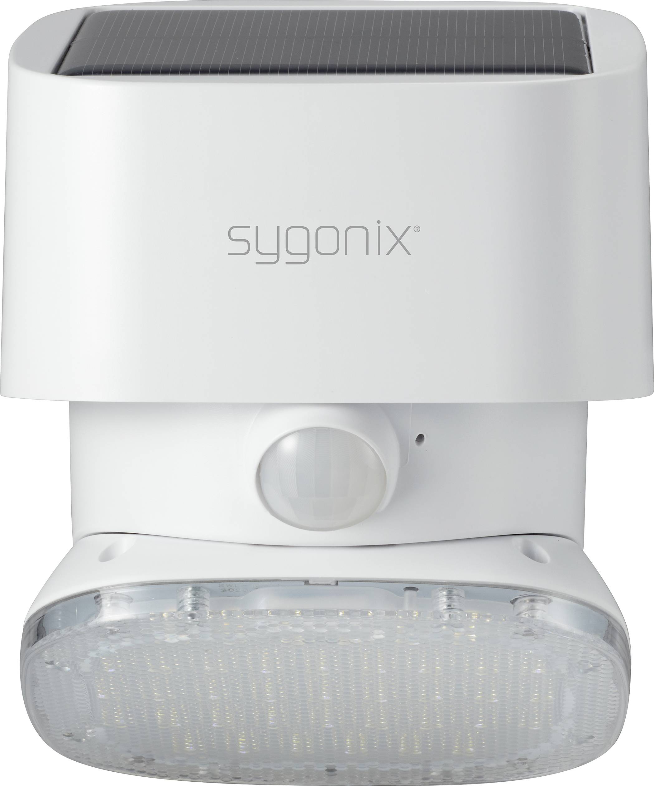 White, square wall light with integrated solar cell panel and motion sensor, suitable for outdoor use.