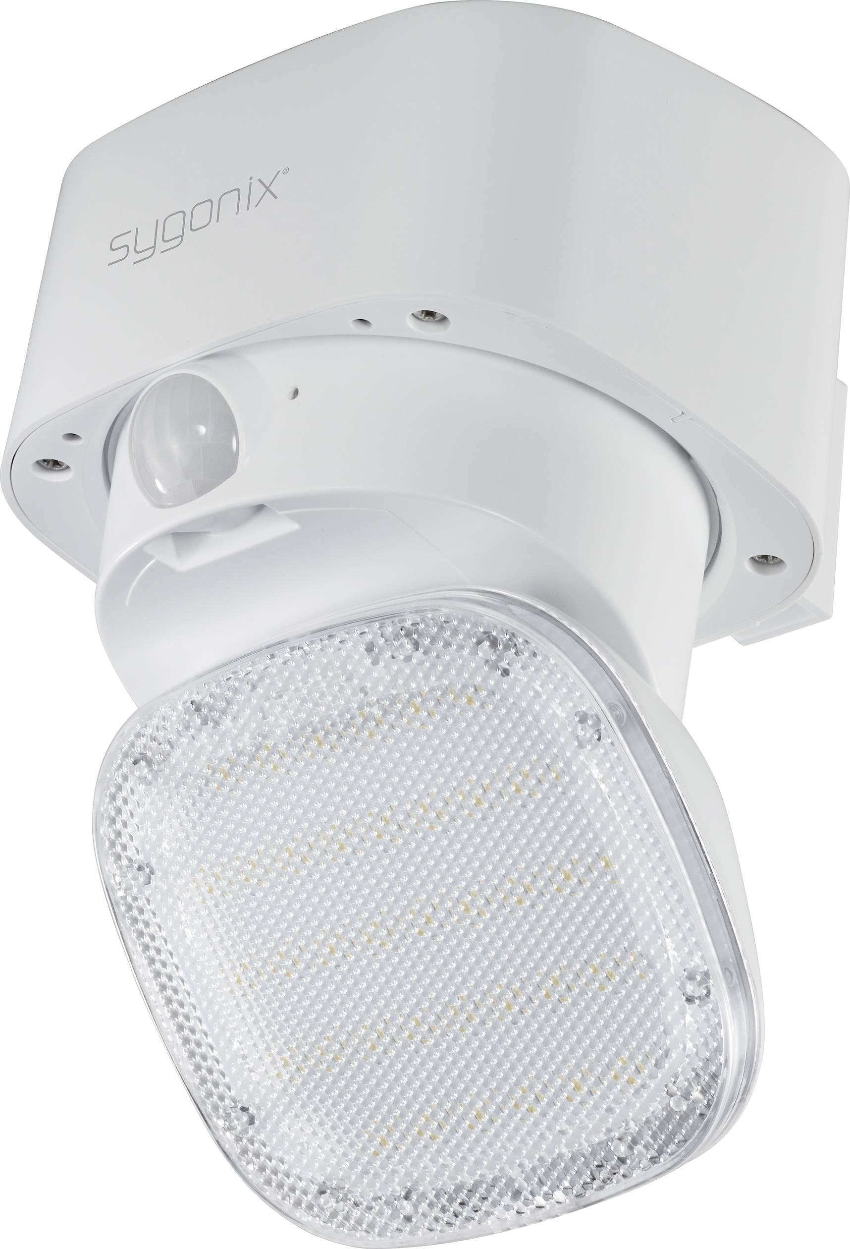 White LED outdoor light with integrated motion sensor, suitable for wall mounting. Ideal for security lighting.