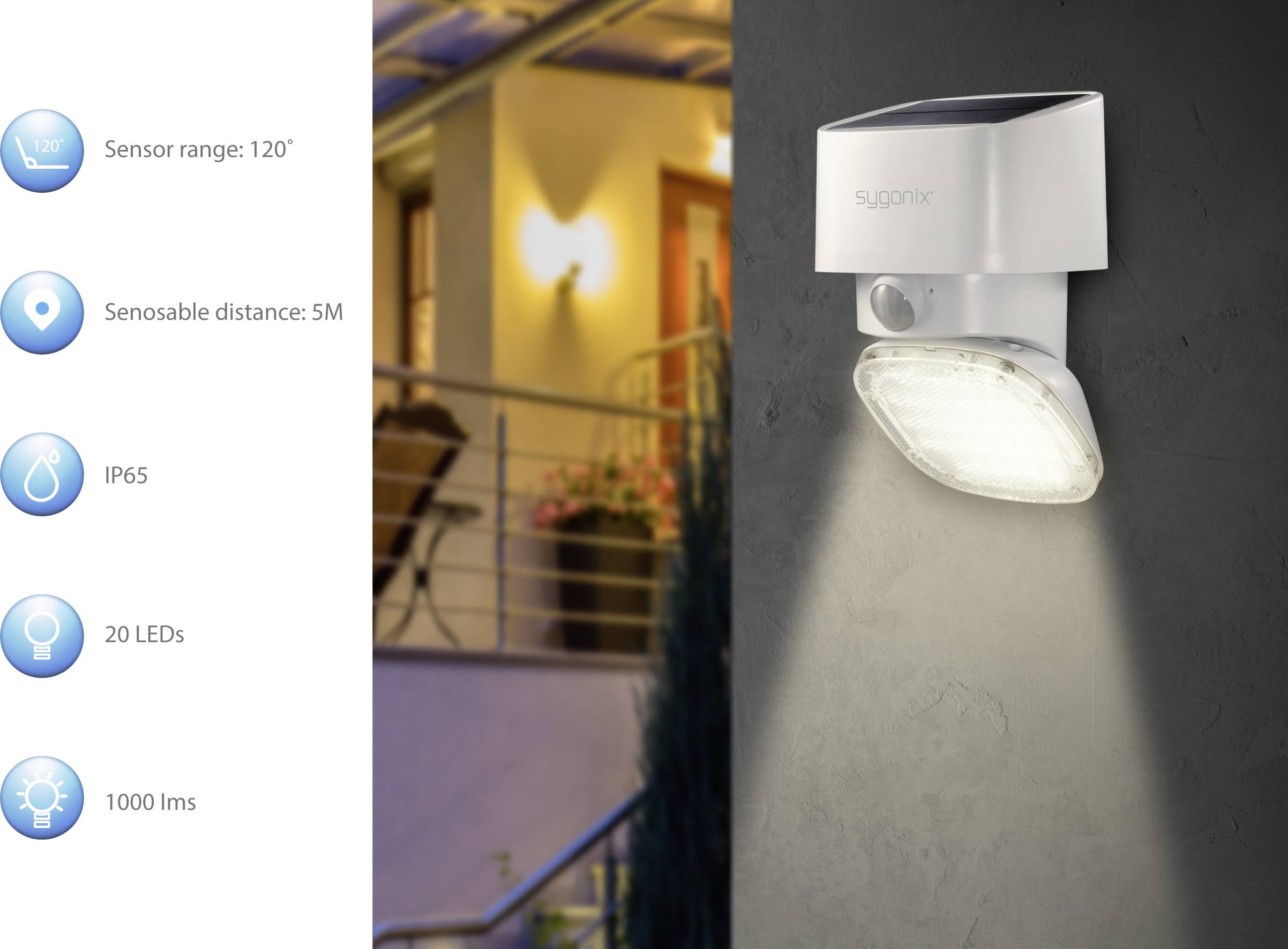Outdoor wall light with motion sensor, 120° detection range, 5m range, IP65, 20 LEDs, 1000 lumens. House with garden in the background.